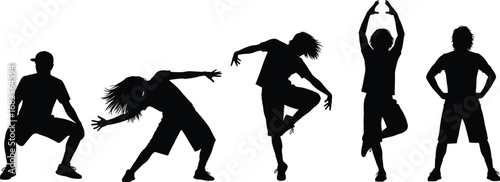 Silhouettes of children dancing, jumping, posing in active dynamic movements, energetic kids, playful expressions, outdoor fun, youthful energy, childhood joy - flat vector illustration