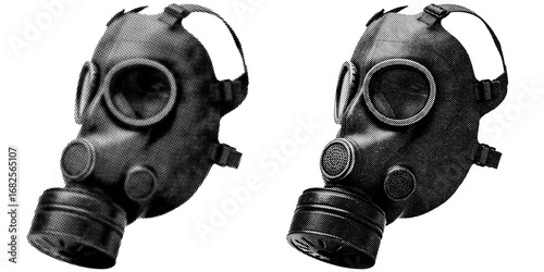 Retro vintage Gasmask halftone on transparent PNG. Ideal for overlays, posters, and designs. High-res, AI-based with human edited effects. Old vintage Gasmask in trendy dotted pop art style.