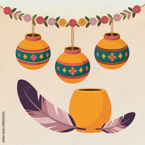 Vibrant vector illustration of cultural hanging pots and feathers, symbolizing spiritual tradition. Conceptually reflects the divine beauty associated with Krishna