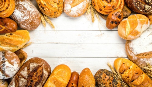Assorted breads and pastries frame a white wooden surface, with some wheat stalks adding detail to this warm, inviting bakery arrangement
