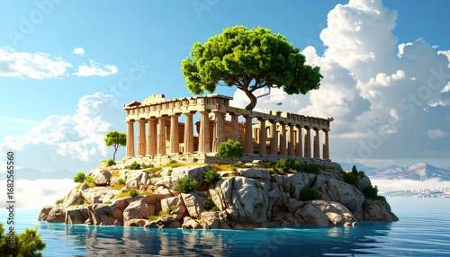 Stone ruins sit atop an island rock formation, surrounded by glistening blue water, under a bright, slightly cloudy sky. A single tree grows on the ruins