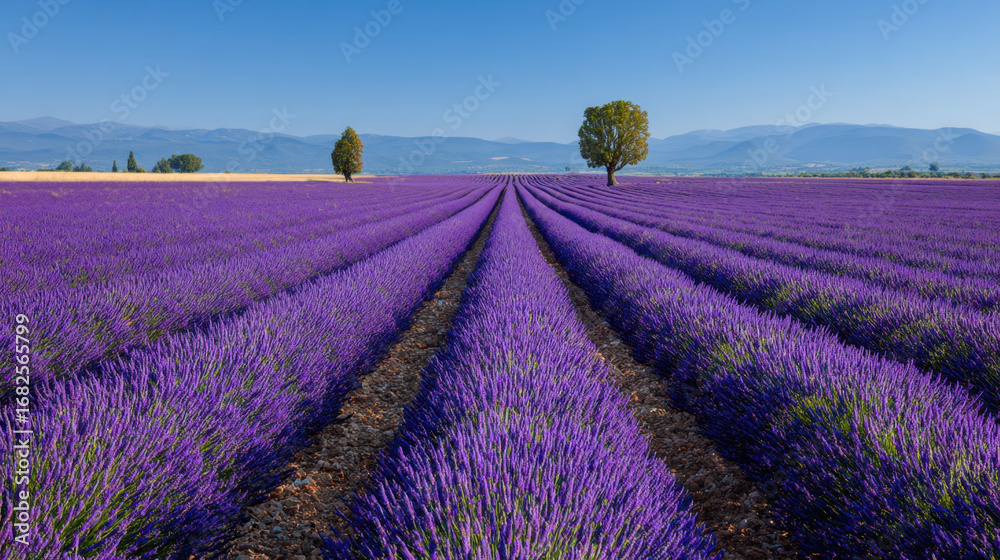 Naklejka premium Lavender field stretches across landscape, showcasing vibrant purple rows under clear blue sky. Two trees stand tall in distance, enhancing serene beauty of this tranquil scene