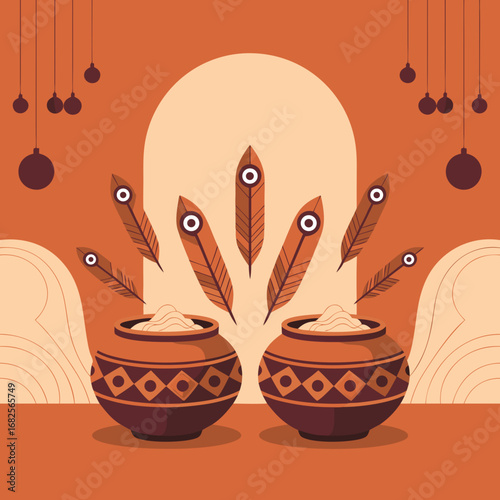 Vibrant vector art depicting traditional cultural offerings for Krishna, with earthen pots full of dairy treats and symbolic peacock feathers, ideal for festive celebrations