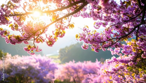 Blooming branches overflow with pink blossoms as sunlight flares through the canopy, a tranquil scene of beauty