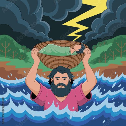 Dramatic vector illustration of the birth of Lord Krishna, with his father Vasudeva carrying the baby across a stormy river