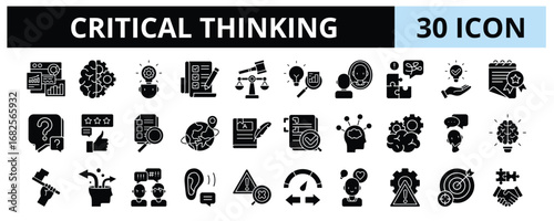 30 Critical Thinking Glyph Icons Vector - Logic, Evaluation, Insight, Solution, Appraisal, Exploration, Interpretation, Risk Management