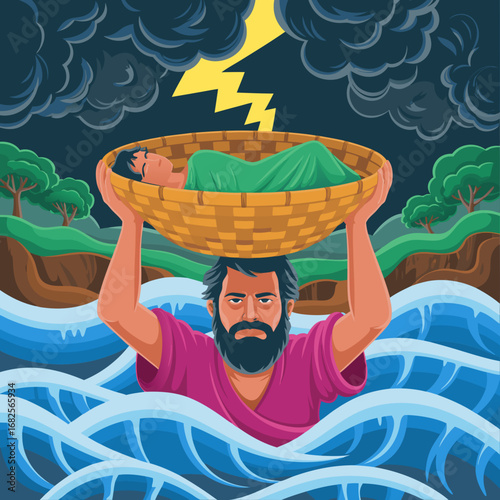 A powerful vector illustration depicting the epic journey of baby Krishna being safely carried across the stormy waters by Vasudeva, a symbol of divine protection amidst chaos
