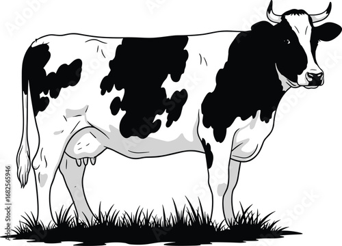 Black and white dairy cow standing on grass, farm animal illustration, livestock vector drawing, milk cow side view - flat vector illustration