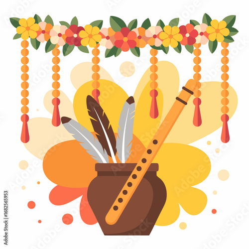 Colorful Krishna vector illustration for spiritual celebration. Features traditional flute, sacred feathers, and vibrant floral garlands for cultural designs
