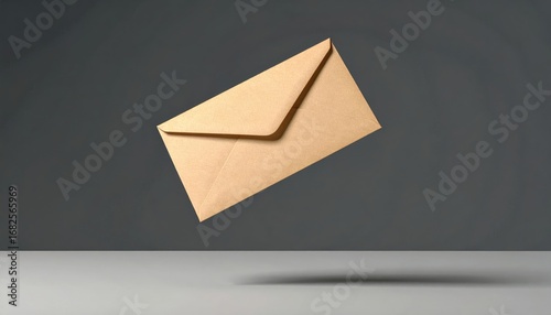 Brown envelope floats against a gray backdrop, casting a distinct shadow. The composition is minimalist and clean, focusing on the form and color contrast