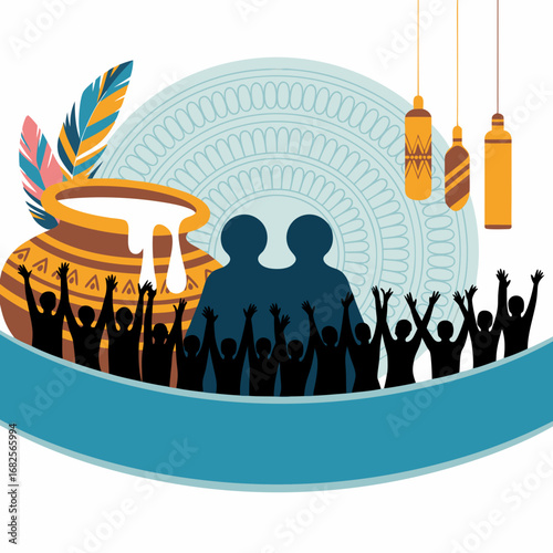 Dynamic vector graphic portraying a jubilant crowd participating in a traditional event with a pot and butter, celebrating the essence of krishna