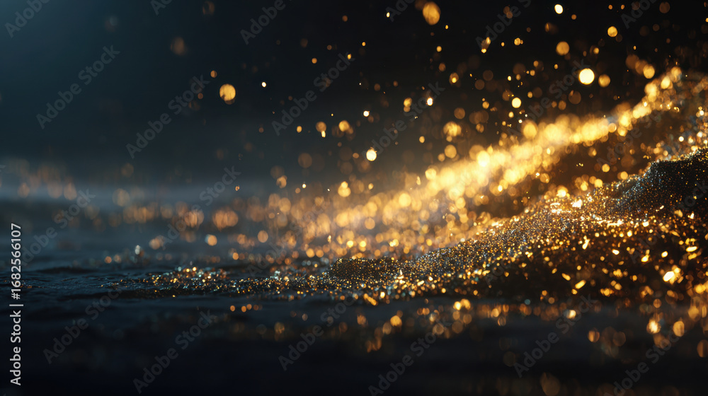 Naklejka premium Shimmering golden particles dance in air, creating magical atmosphere. soft glow reflects off dark background, enhancing enchanting beauty of this mesmerizing scene