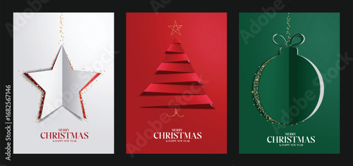 Merry Christmas greeting card poster clipart set. Christmas and new year wishes card template clip art with glitter paper cut decoration elements like white star, red pine tree and green xmas ball 