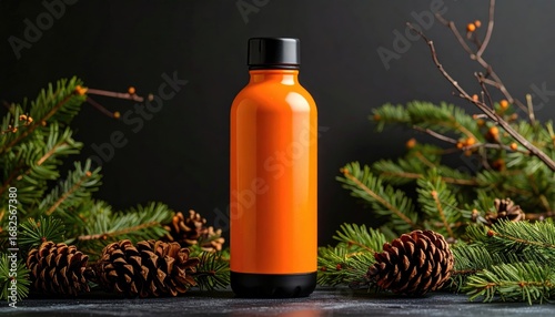 Orange bottle on a stone surface surrounded by pine boughs and cones against a dark backdrop, creating a seasonal, natural, and vibrant presentation