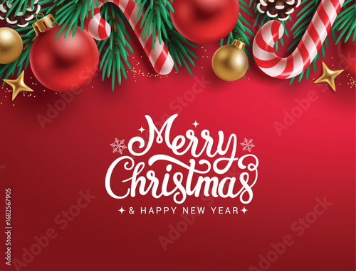Merry Christmas red greeting card clipart. Wishing Merry Christmas and happy new year greeting text with decoration elements like bauble ball, candy cane, fir leaves and pine cone garland design 