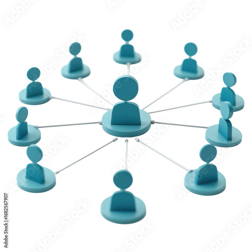 3d render of a network connection with central node and multiple connected users illustrating social media communication and organizational structure on transparent background