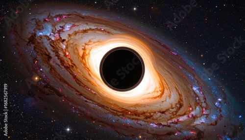 Image showcasing a black hole with a swirling disc of matter, seen amidst a colorful starfield. Stunning visual of cosmic phenomena