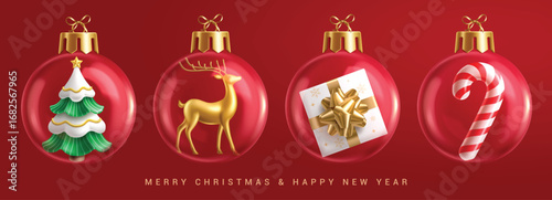 Christmas glass ball clipart set. Set of transparent xmas balls clip art collection with elements like pine tree, reindeer, gift box and candy cane in red background for Christmas and new year