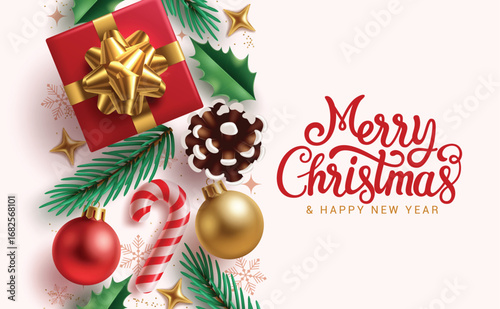 Merry Christmas greeting card clipart design. Wishing Merry Christmas and happy new year greeting card template clip art with decoration elements in simple and minimal background for holiday season 
