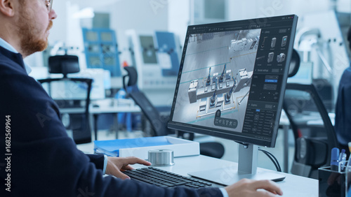 Wallpaper Mural High-tech Factory Office: Industrial Design Engineer Uses 3D CAD Software to Render Autonomous Robot Arm Facility. Product Design Future Manufacturing Processes on Advanced Conveyor Assembly Line Torontodigital.ca