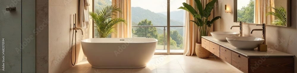 Naklejka premium Luxurious bathroom with a freestanding tub, soft lighting, and fluffy towels creating a serene and inviting atmosphere Perfect for relaxation and self-care , freestanding tub, tranquil