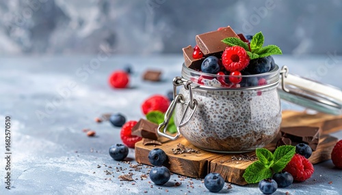 Chia seed pudding dessert in a jar with berries, chocolate and mint leaves, sitting on wooden board on textured grey surface