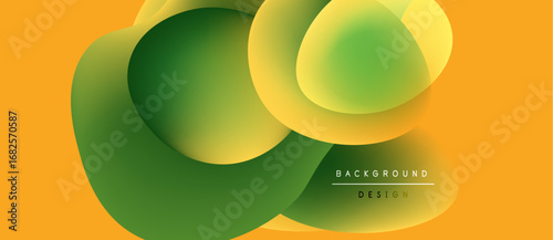 Abstract shapes overlap, creating vibrant gradients. Yellow background complements green forms. Modern design element for backgrounds.