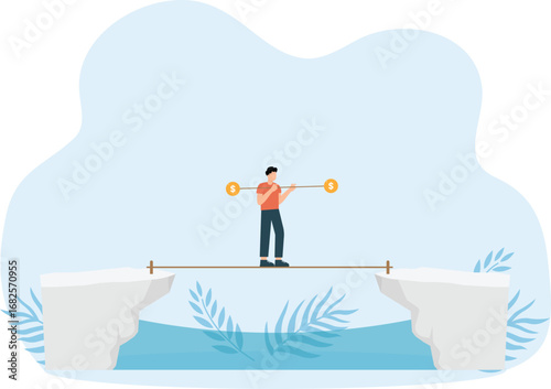 businessman walking through the abyss on the rope - financial risk 2d animation cartoon concept
