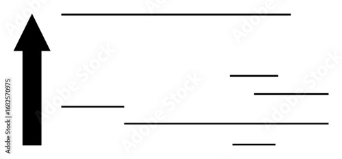 Black arrow pointing upward with thin horizontal lines suggesting speed, direction, and growth. Ideal for concepts thumbs up progress, success, strategy, ambition, navigation, acceleration
