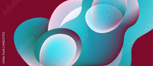 Abstract shapes overlap, creating fluid forms. Colors blendturquoise, magenta, whitesuggesting movement, depth. Smooth gradients define organic curves.