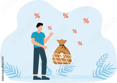 Businessman animation carrying a big commission bag on the cart with flying percentage symbol concept
