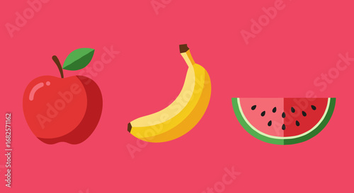 "Vector Flat Fruit Set: Apple, Banana, Watermelon, Orange, Pear"