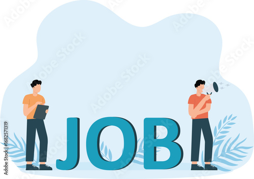 Group animation of workers candidates using laptop with job word. Cartoon in 4k resolution concept
