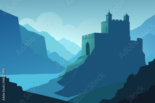 Stylized illustration of a majestic castle perched on a cliff overlooking a serene valley and misty mountains