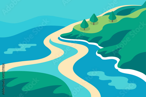 Stylized aerial view of a winding river meeting the ocean with a sandy beach and green hills