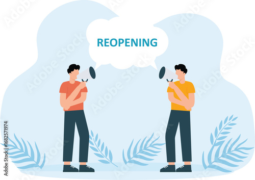 Animated cartoon design of business people shouting through a megaphone with reopening word on the cloud bubble after Covid-19 epidemic. Shot in 4k resolution concept
