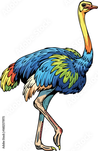 a rainbow ostrich vibrant plumage, majestic stride, african pride, isolated on transparent background