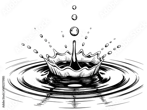 Monochrome Water Drop Illustration Creating Splash and Ripples Perfect for Abstract Art and Conceptual Designs