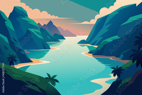 Serene tropical bay with turquoise water framed by lush green mountains and sandy beaches at sunset