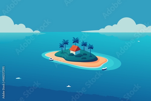 A serene tropical island with a small house and palm trees surrounded by calm blue ocean water and fluffy clouds in the sky