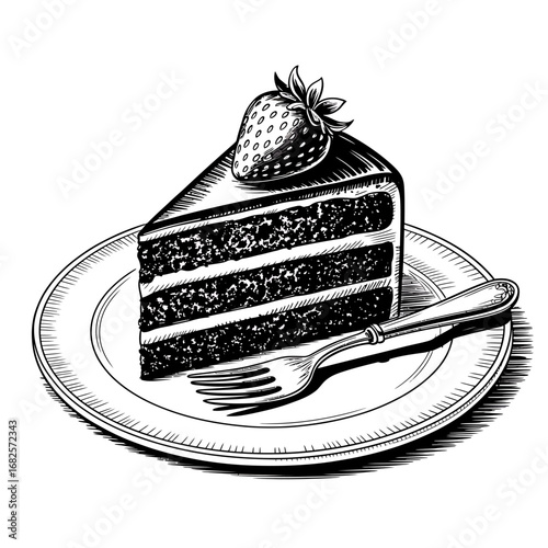 Elegant Sketch of Chocolate Cake Slice Topped with a Fresh Strawberry Served on a Plate with a Fork