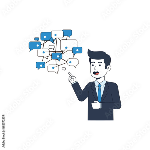 Business leader facilitating a dynamic discussion and teamwork session, promoting communication, cooperation, and strategic planning with an organized group