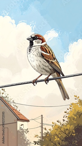 Sparrow perched on wire, suburban scene
