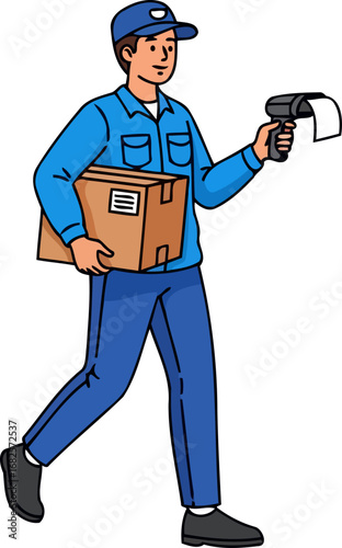 delivery man in blue uniform quick and reliable package delivery service, isolated on transparent background
