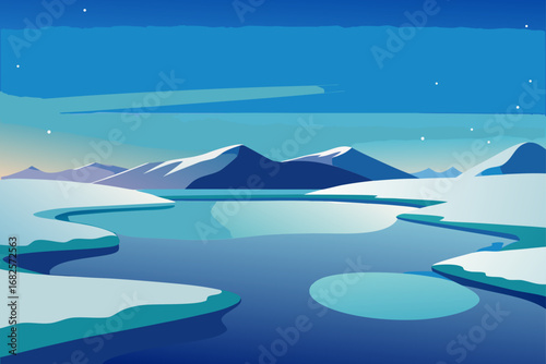 Stylized arctic landscape with snow covered mountains and a winding icy river under a starry blue sky
