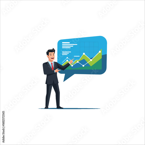 A businessman in a suit presenting financial data and growth charts within a speech bubble.
