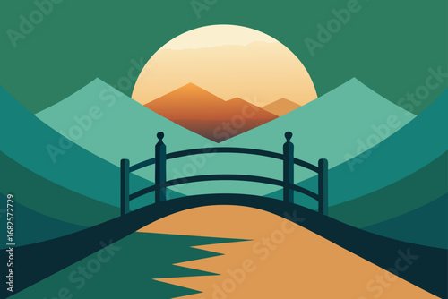 Stylized landscape featuring a bridge over a winding path with mountains and a large sun in the background