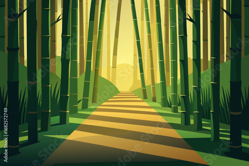 A sunlit path winds through a dense bamboo forest with tall green stalks and dappled light