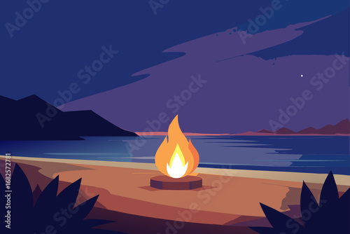 Peaceful beach bonfire at dusk with calm ocean waves and distant mountains under a starry sky