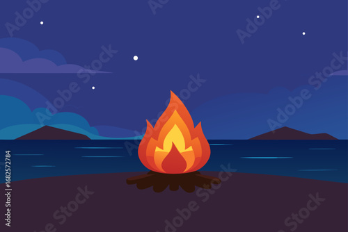 A warm campfire burns brightly on a beach at night with calm water and distant islands under a starry sky